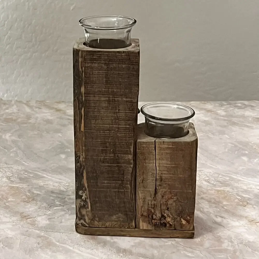 Rustic Square Wood Glass Tealight Holder 10.5